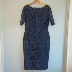 Maggy London, women’s size 10 blue work dress tweed like pattern midi sheath